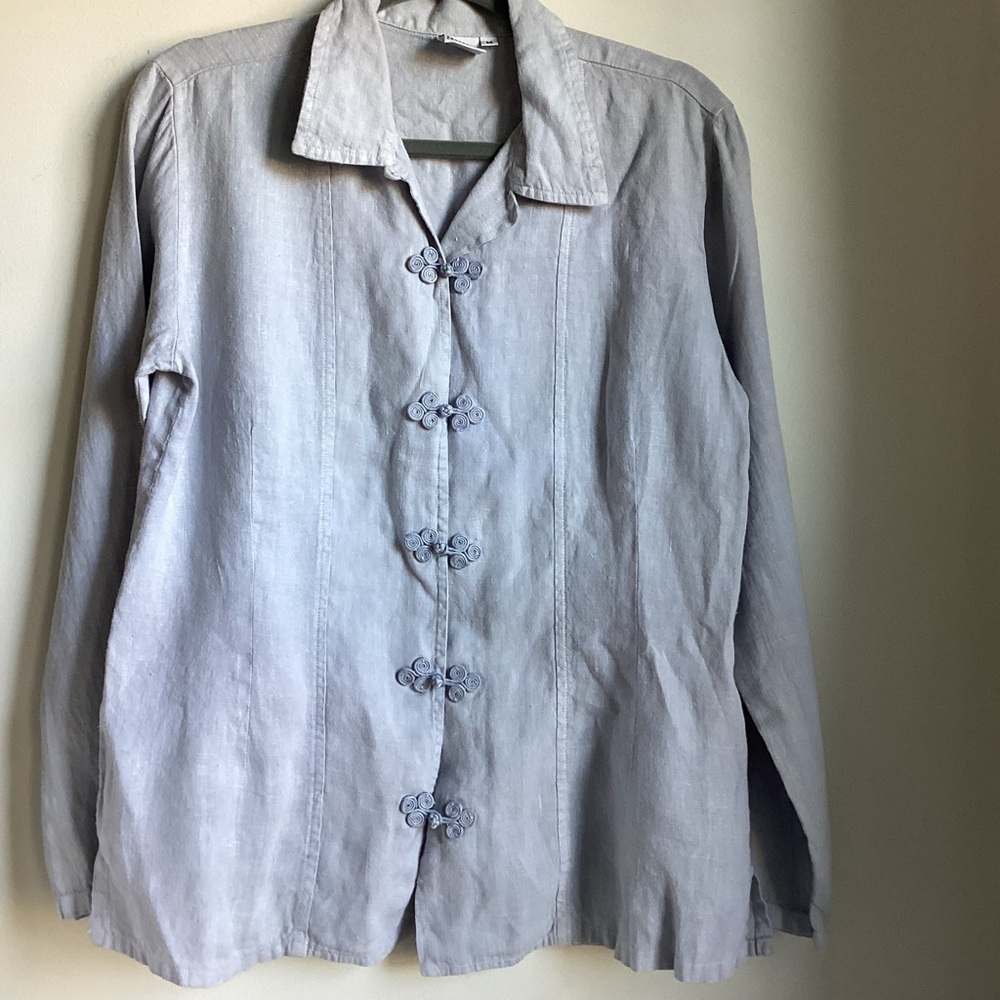 Johnny Was Collection Linen Shirt Jacket Medium Blue Mandarin Frog Closure Boho